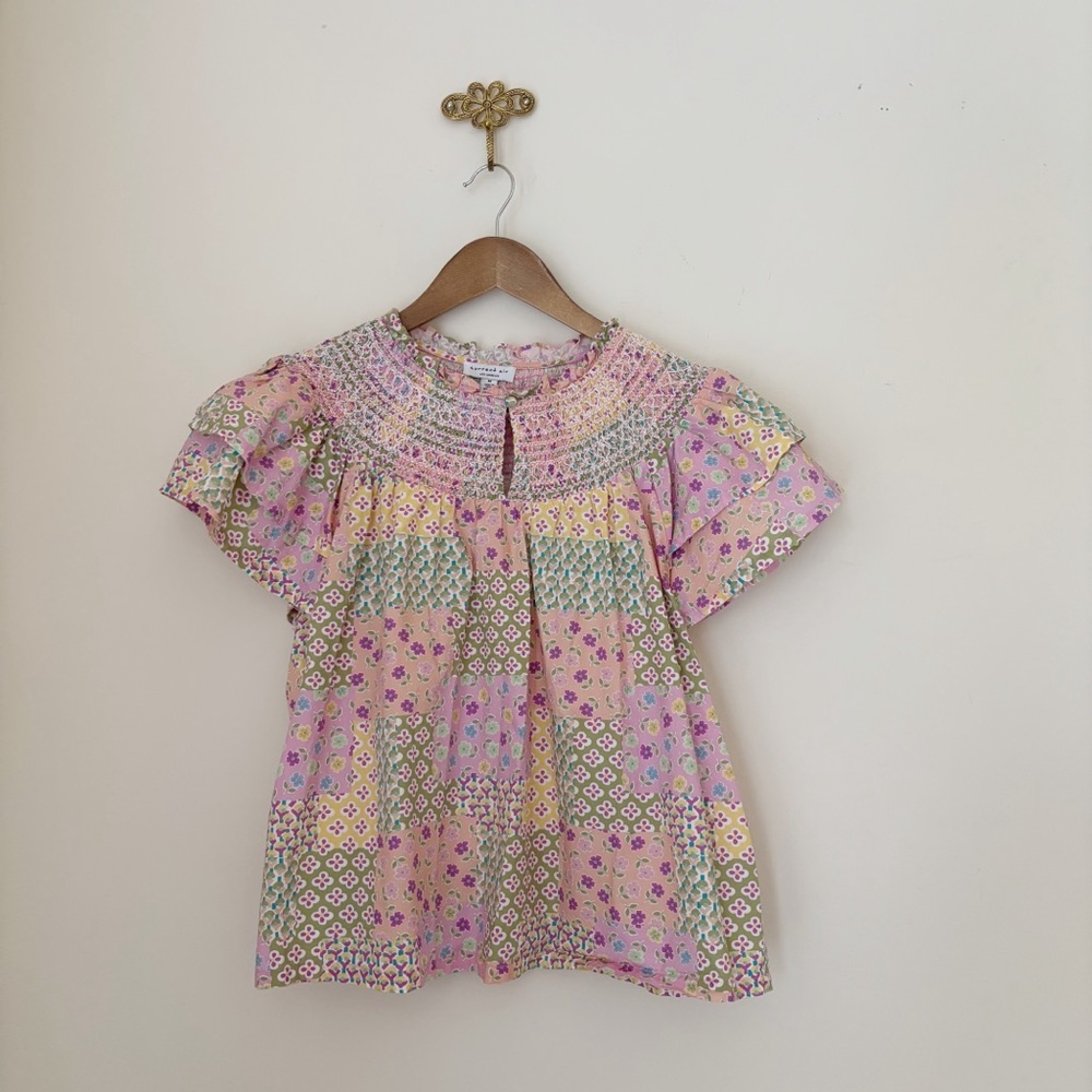 Current Air Patchwork Floral Smocked Top Medium Spring Cottagecore
